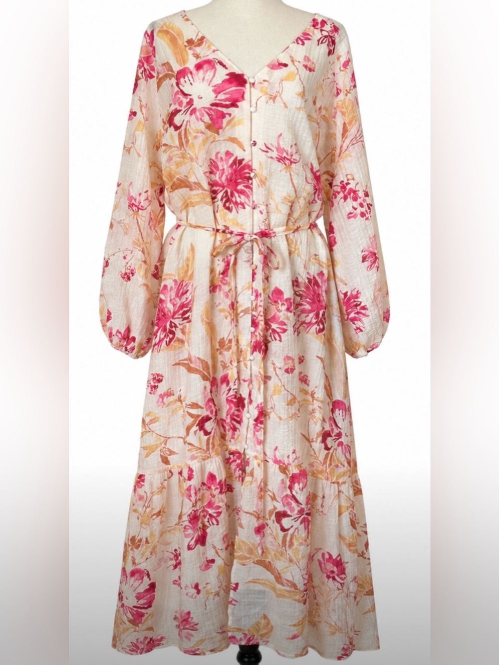 Cottagecore Floral Maxi Dress XL Pink Cream Button Front Boho Belted Long Sleeve
